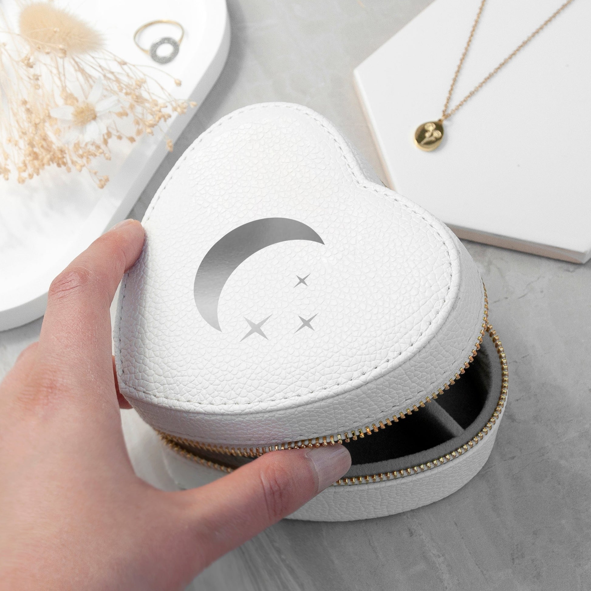 Moon and Stars White Heart Jewellery Case
