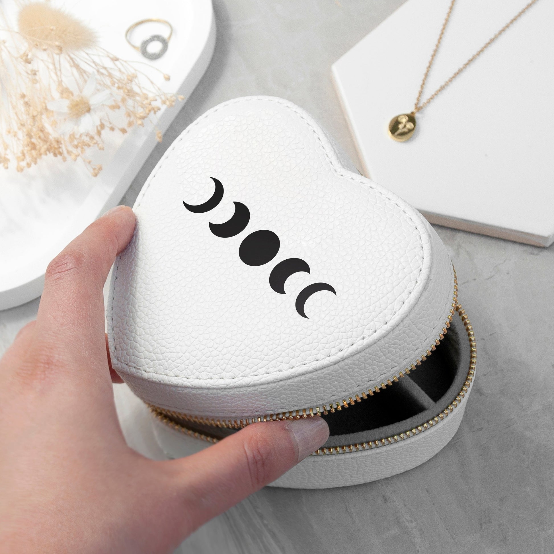 Lunar Phase White Heart Jewellery Case