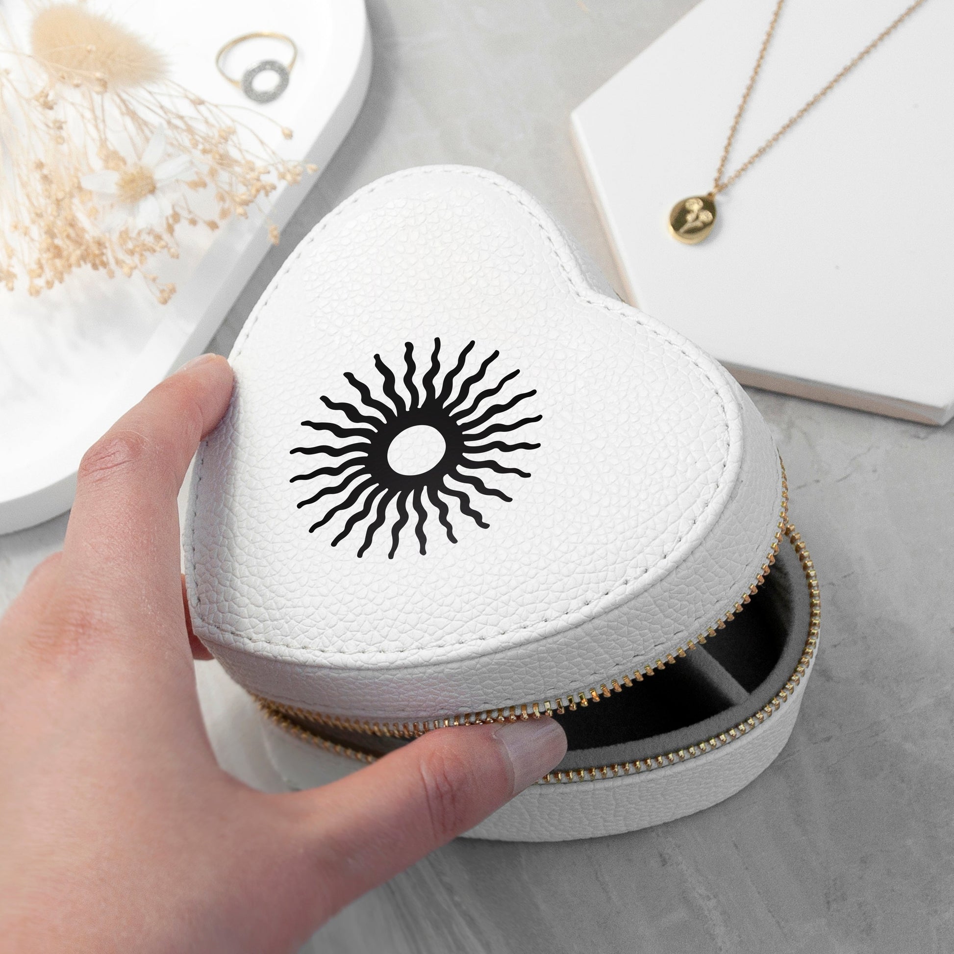 Customisable Sun White Heart Jewellery Case