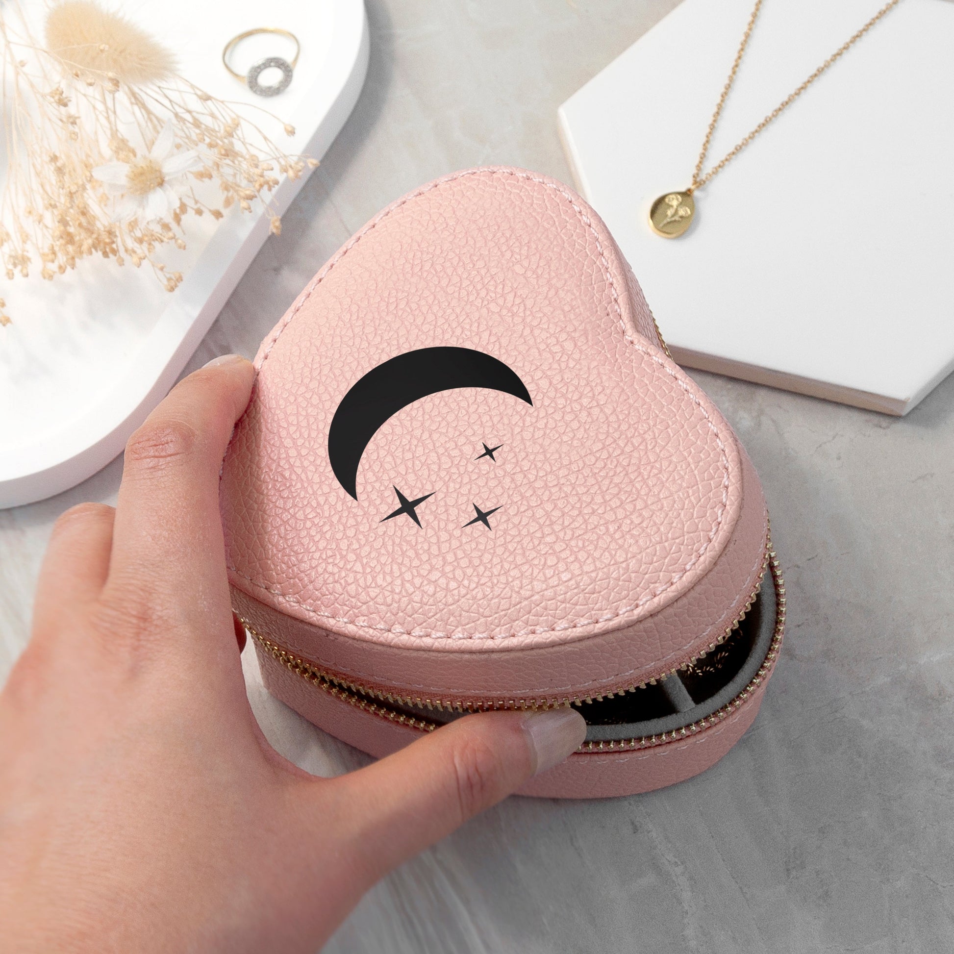 Moon and Stars Pink Heart Travel Jewellery Case