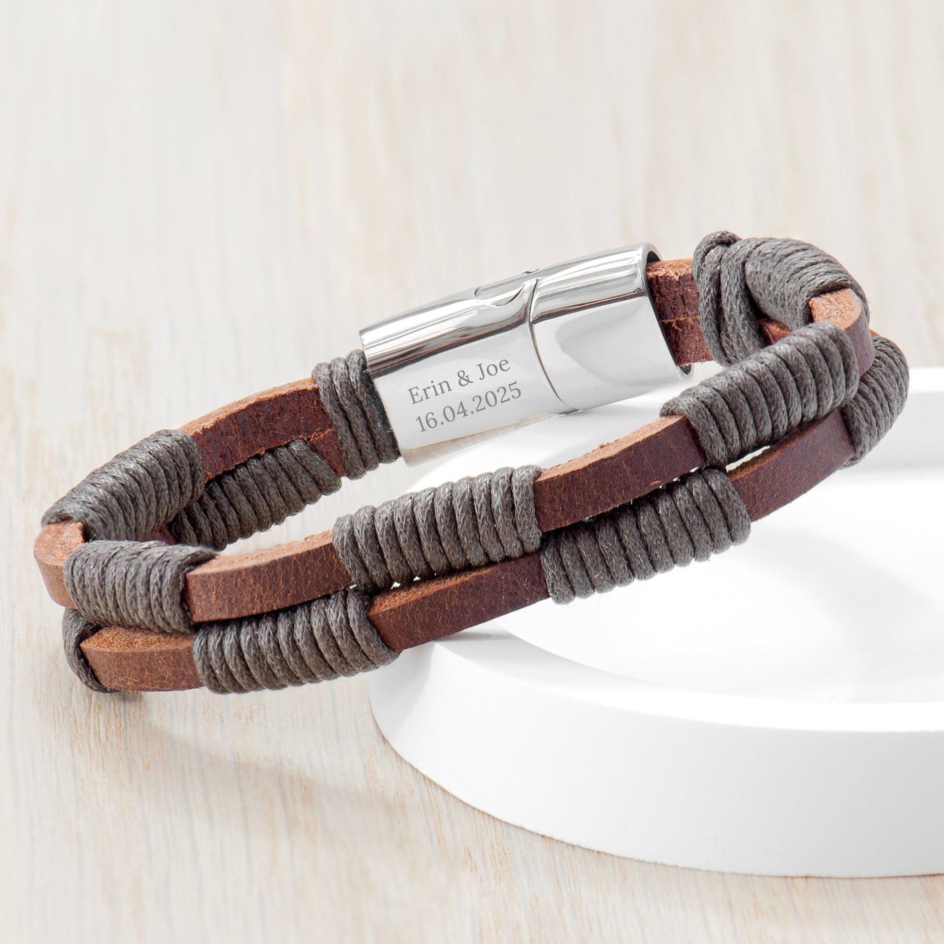 Personalised Men's Brown Leather Twisted Cord Bracelet