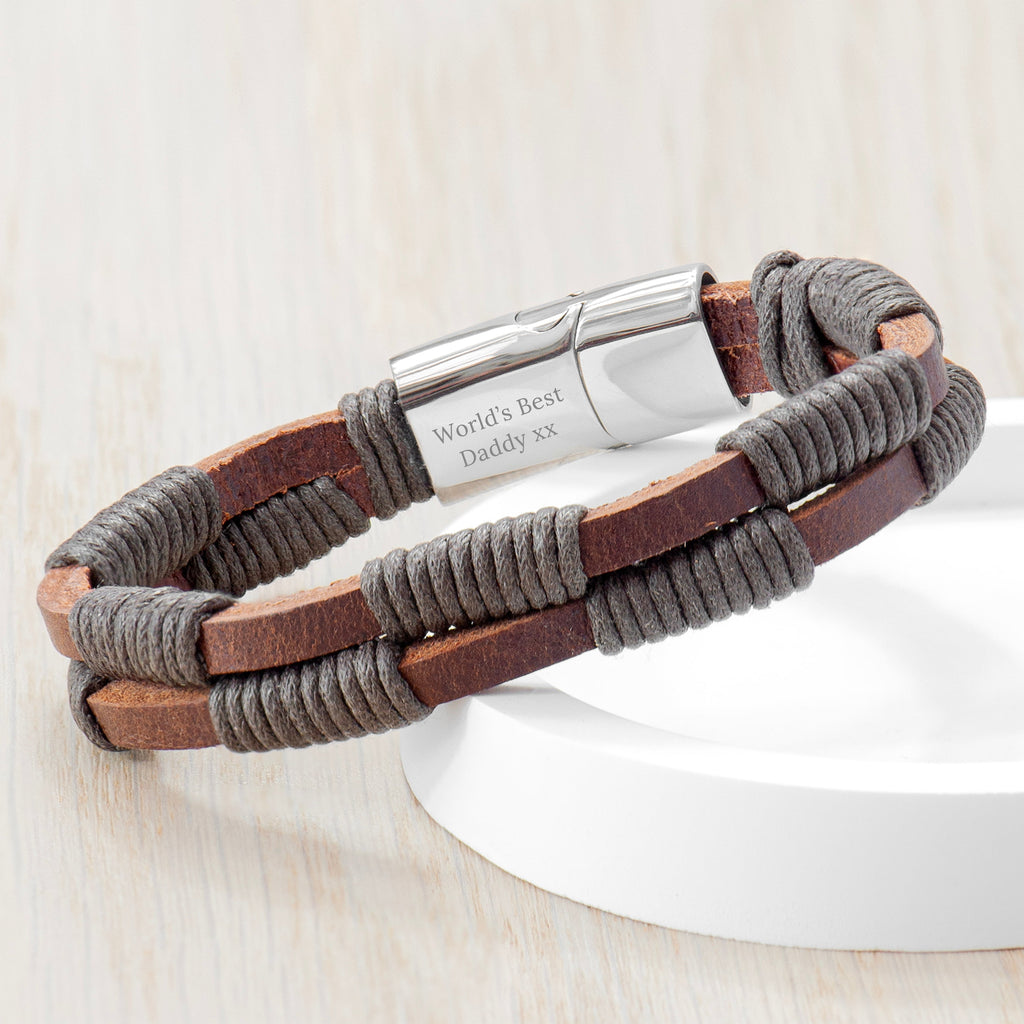 Personalised Men's Brown Leather Twisted Cord Bracelet