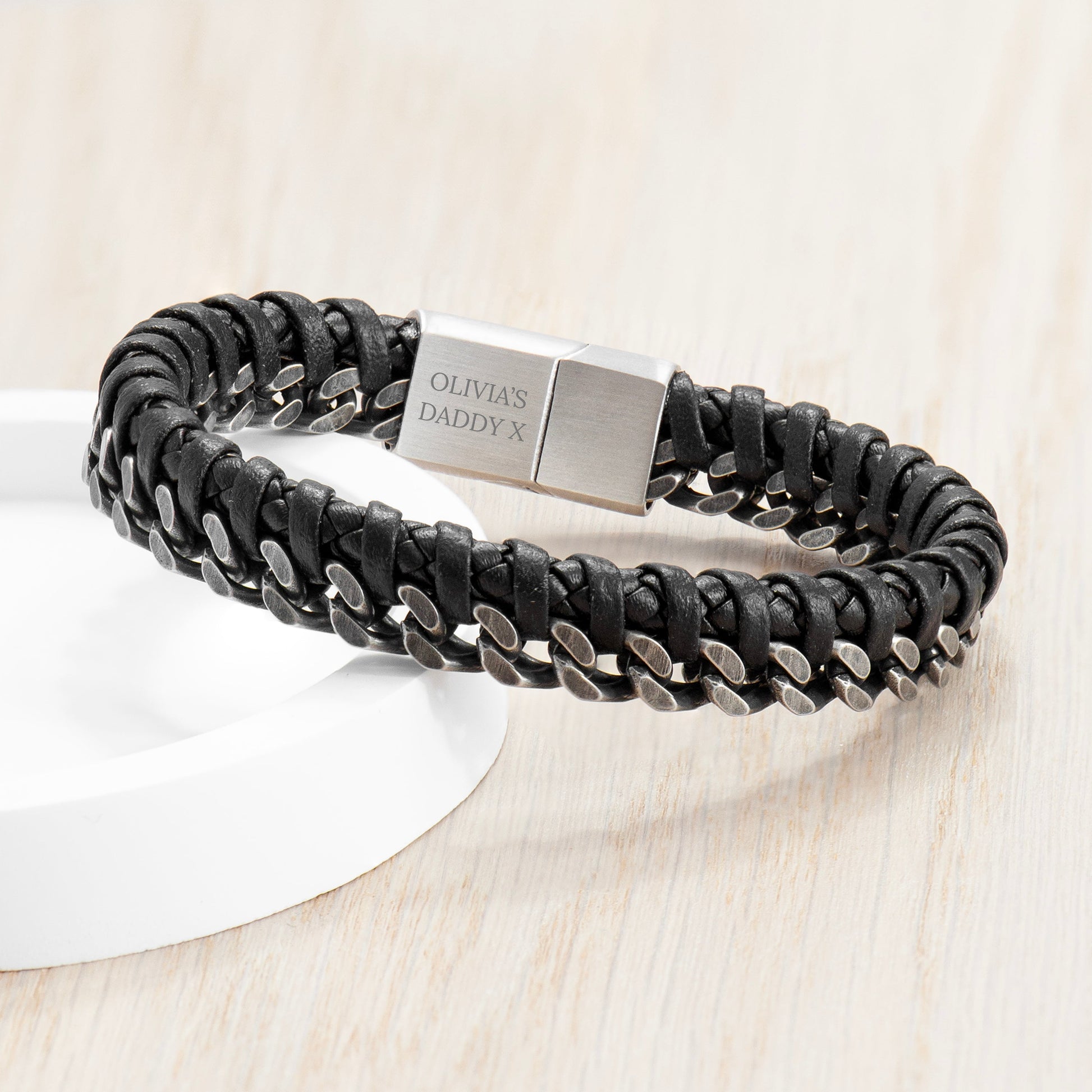 Personalised Men's Woven Leather and Stainless Steel Bracelet