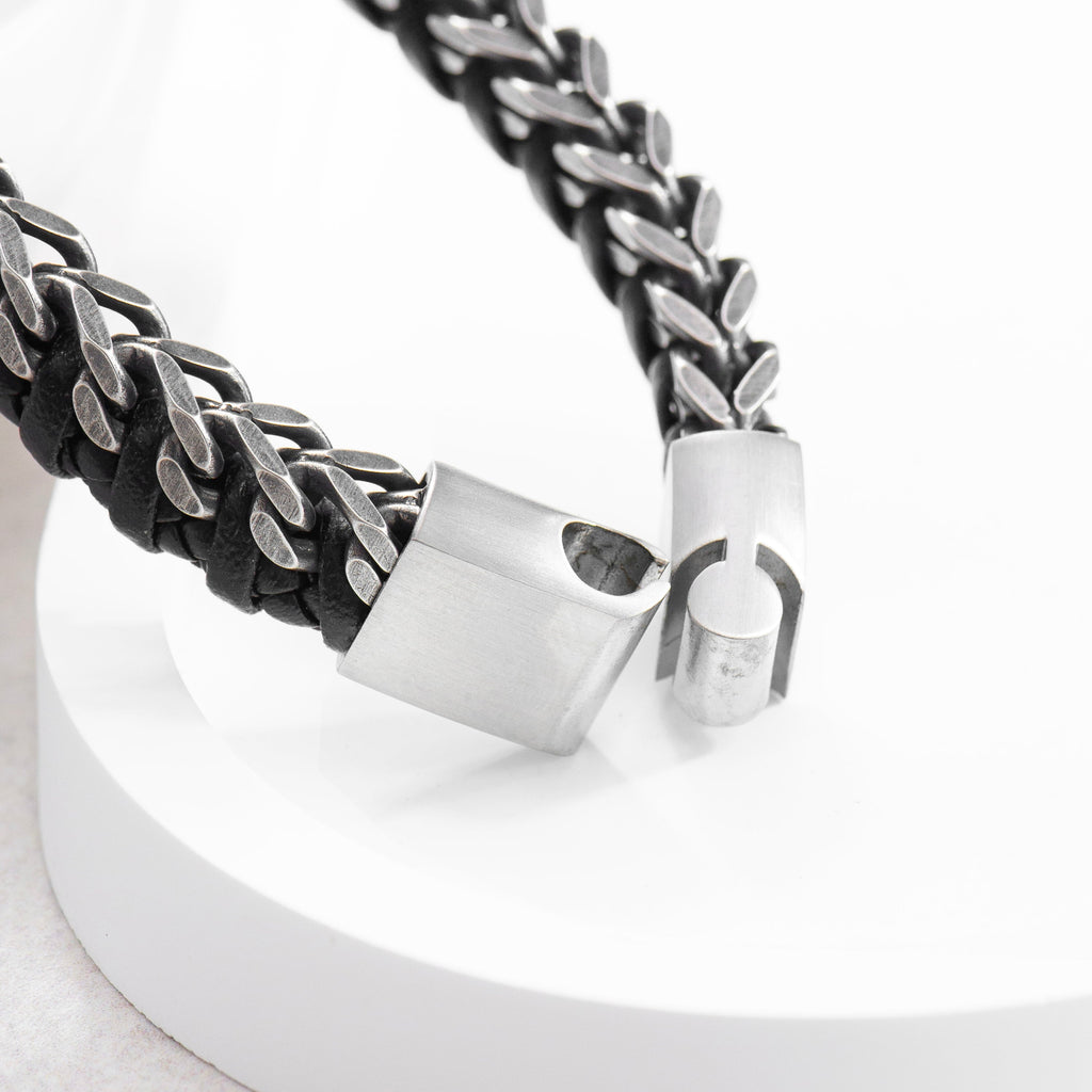 Personalised Men's Woven Leather and Stainless Steel Bracelet