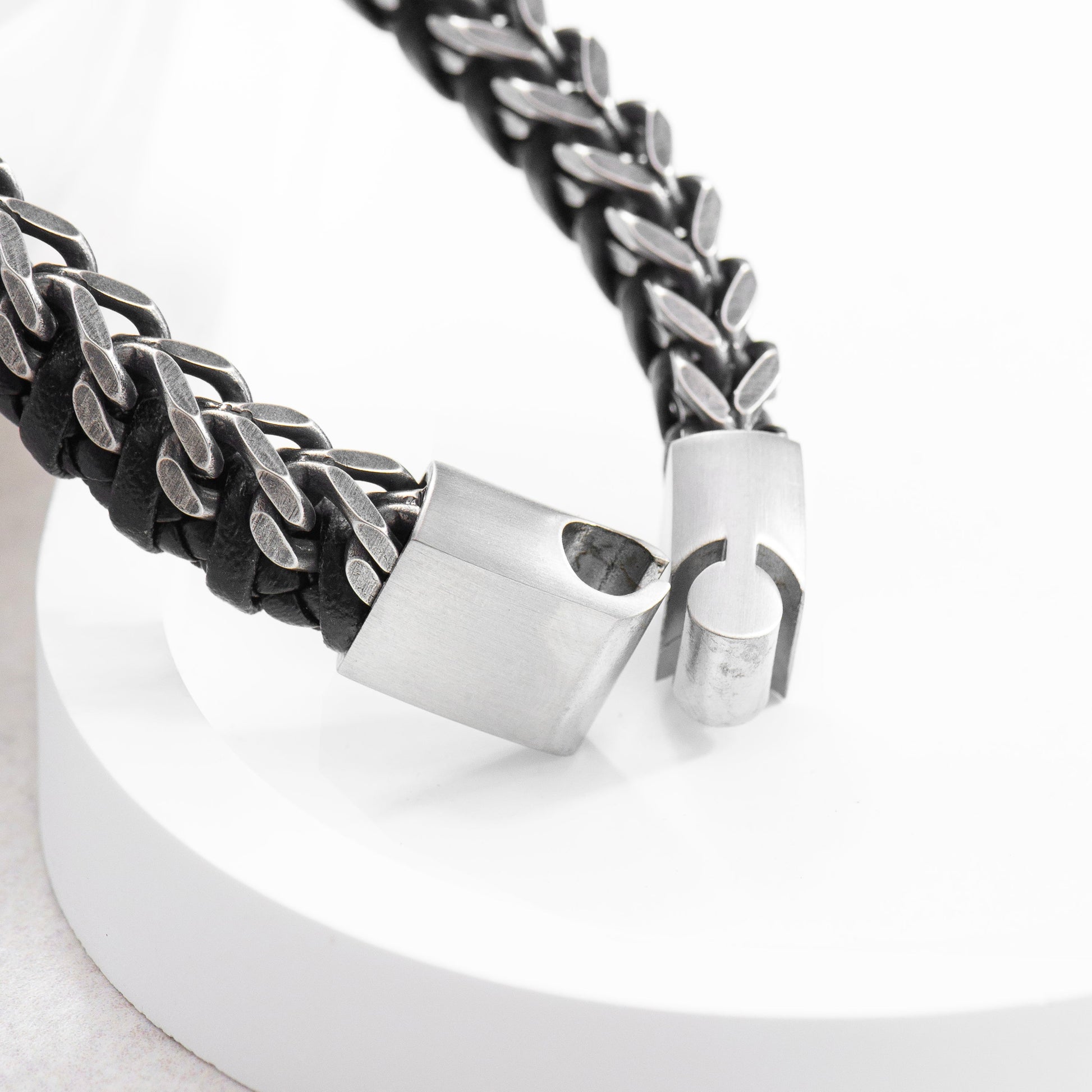 Personalised Men's Woven Leather and Stainless Steel Bracelet