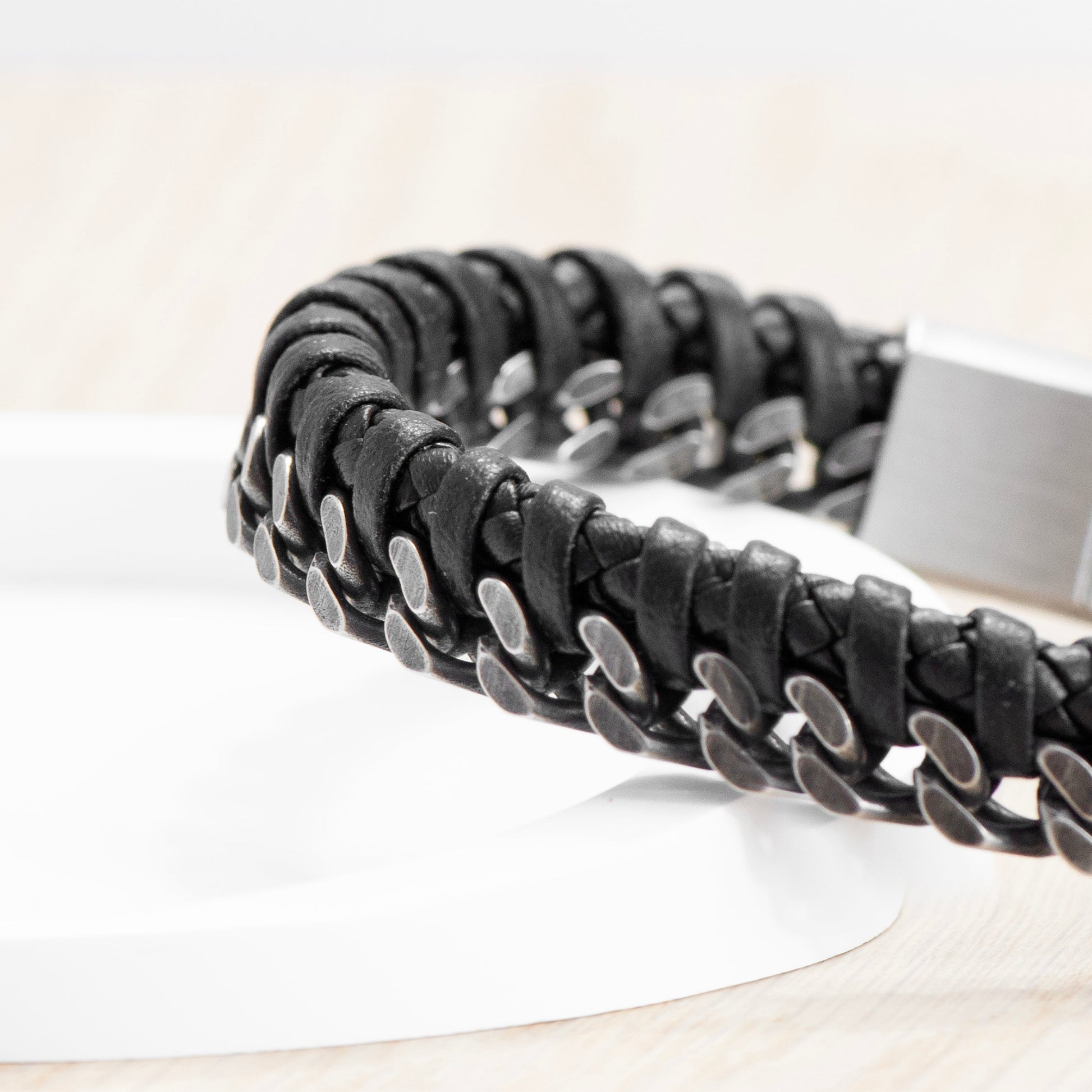 Personalised Men's Woven Leather and Stainless Steel Bracelet
