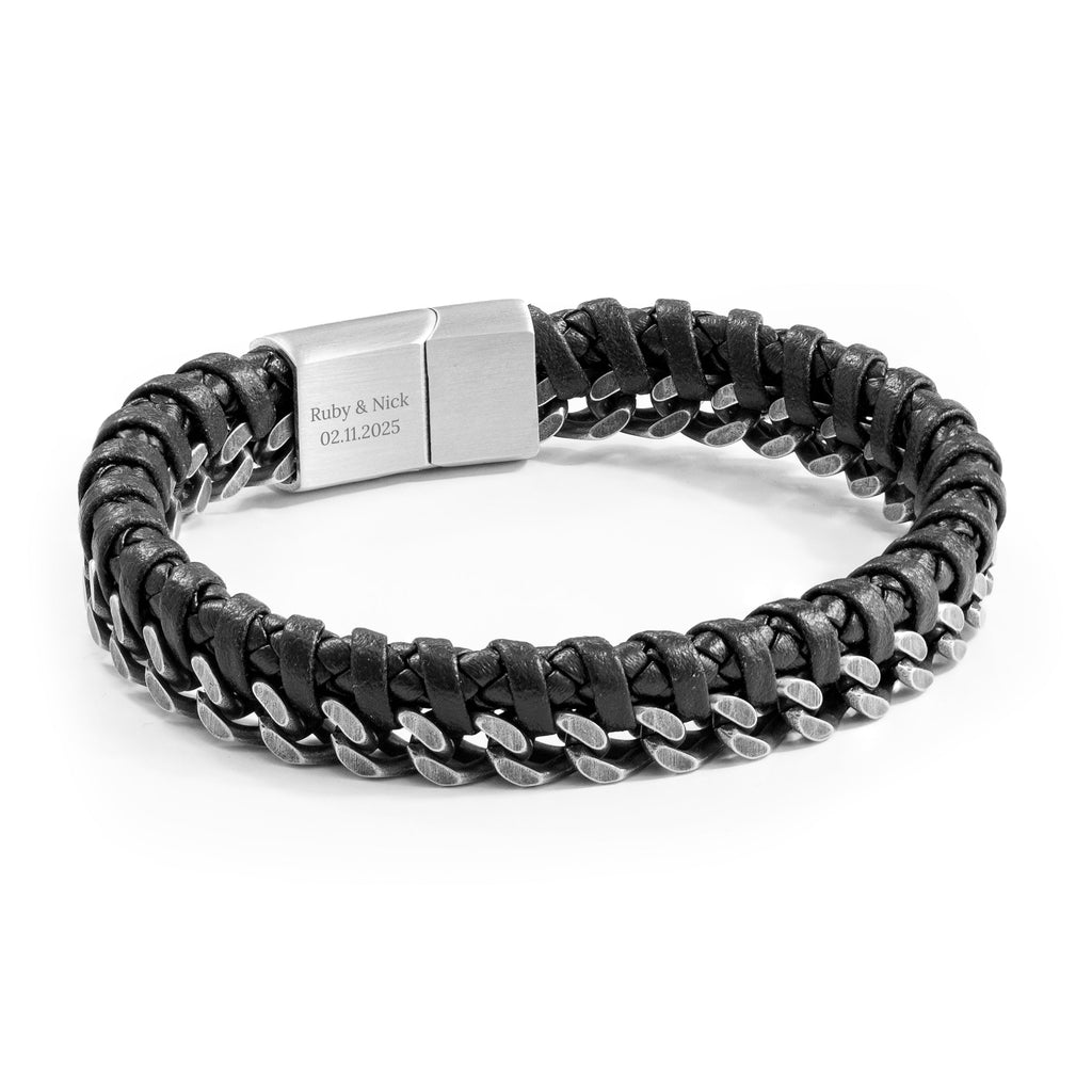 Personalised Men's Woven Leather and Stainless Steel Bracelet