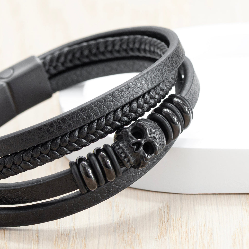 Personalised Men's Stacked Leather Skull Bracelet