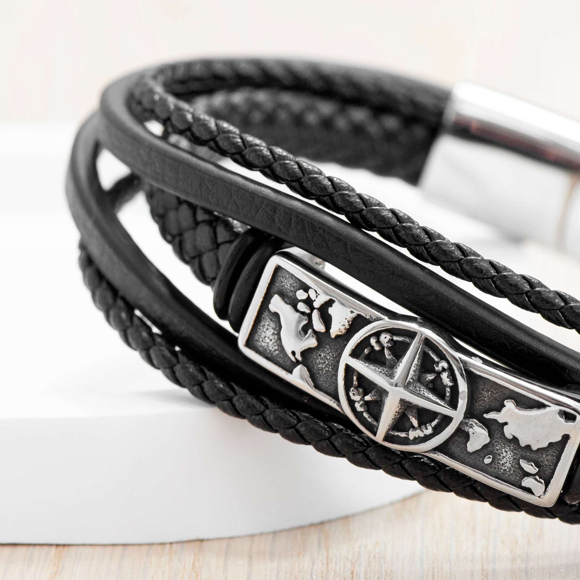 Personalised Men's Travel Compass Stacked Leather Bracelet