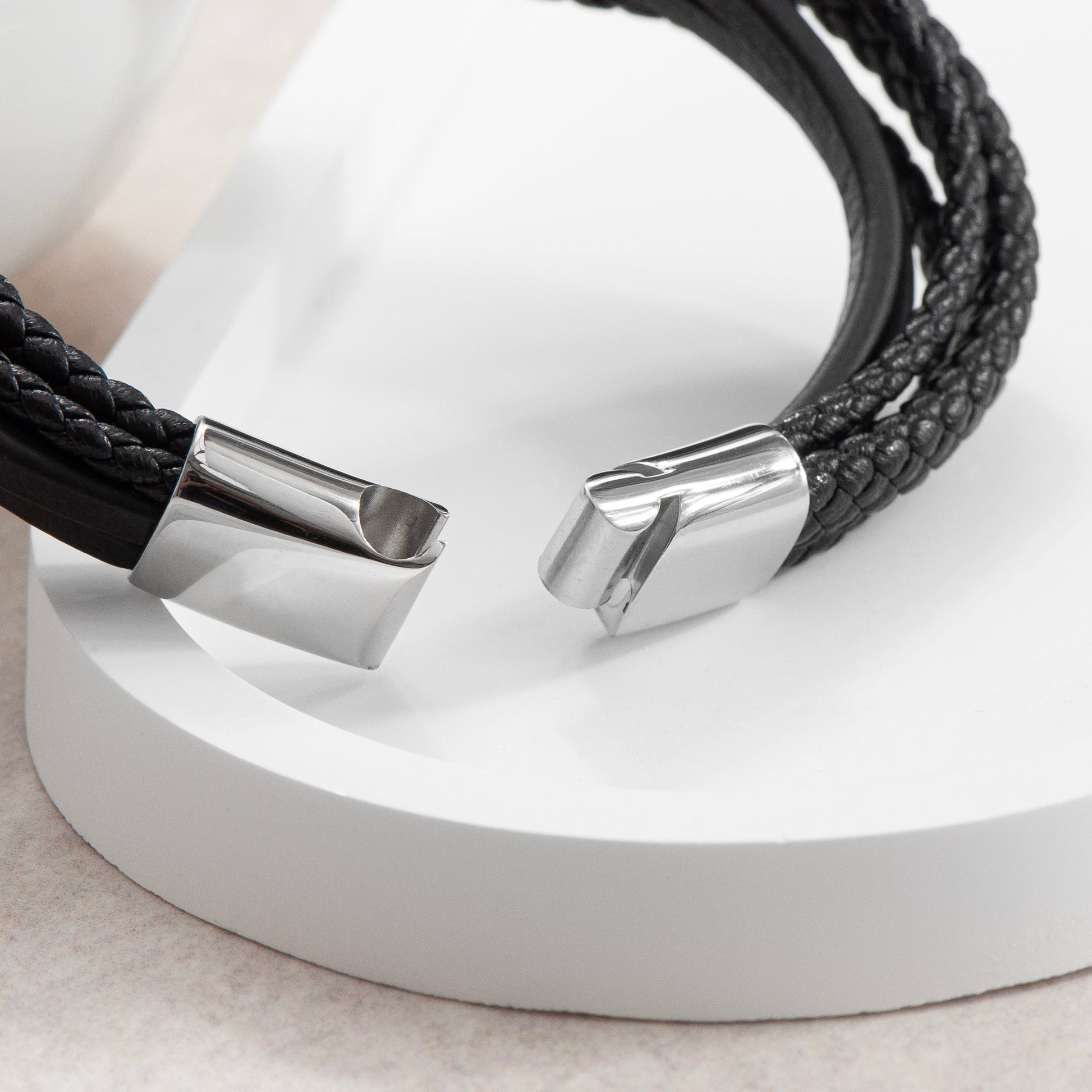 Personalised Men's Travel Compass Stacked Leather Bracelet