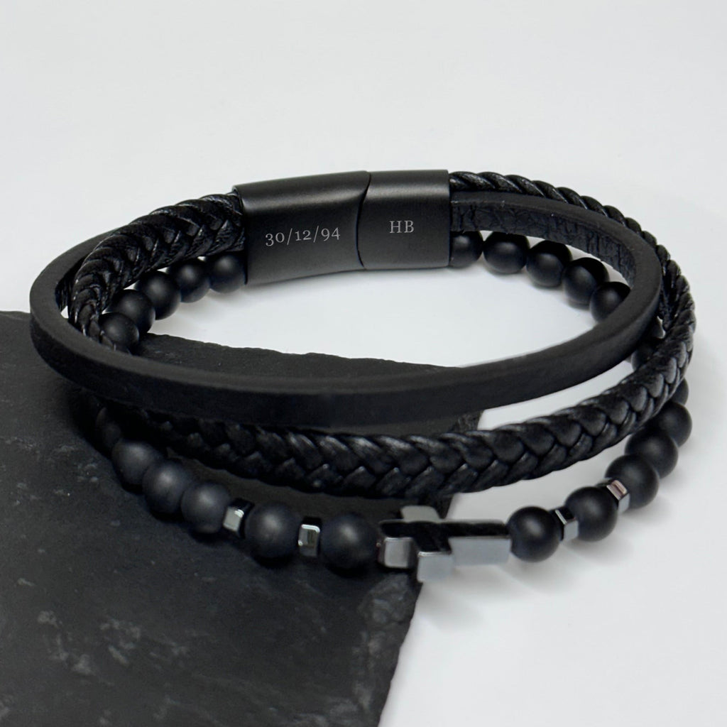 Personalised Men's Beaded and Stacked Leather Cross Bracelet