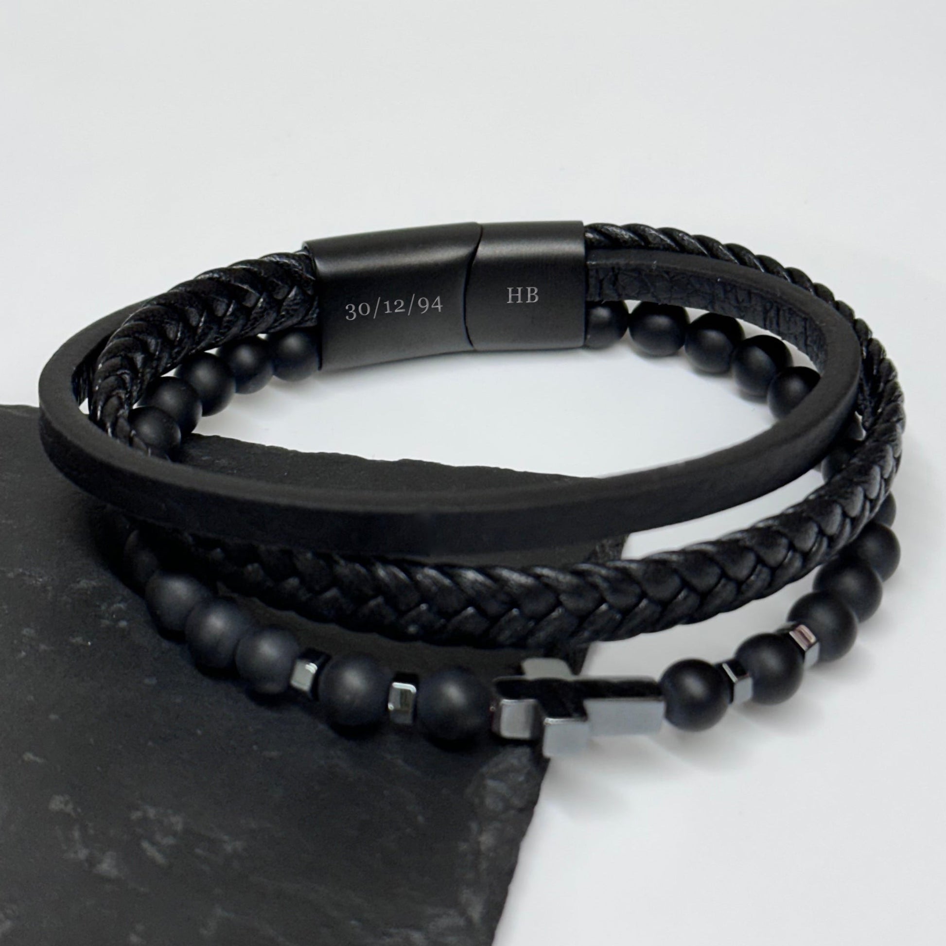 Personalised Men's Beaded and Stacked Leather Cross Bracelet