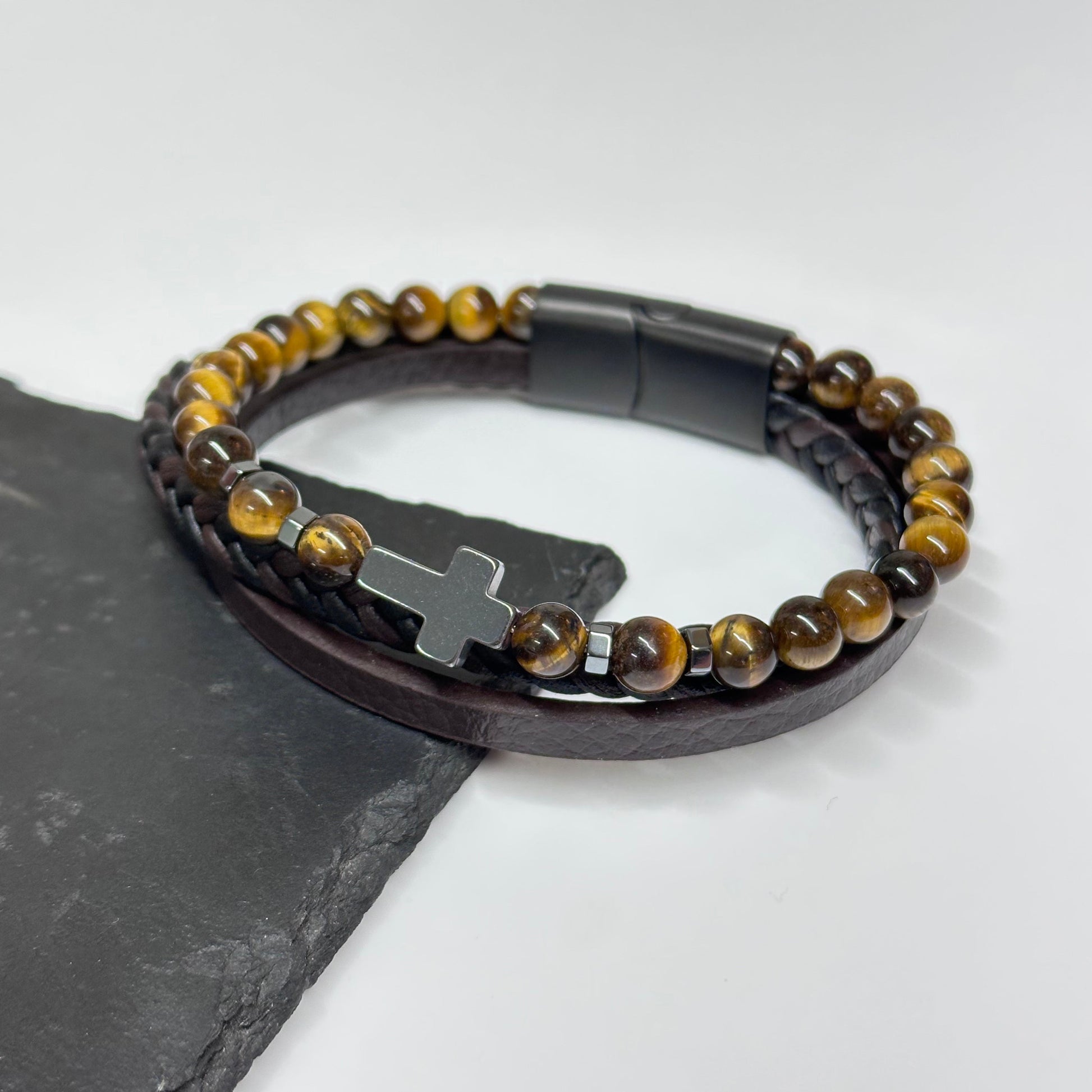 Personalised Men's Tiger's Eye and Leather Cross Bracelet
