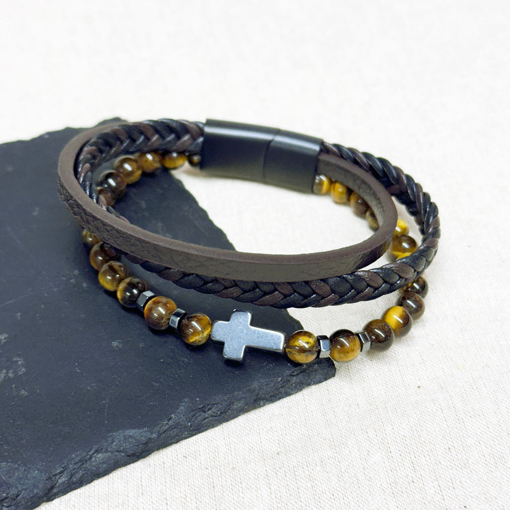 Personalised Men's Tiger's Eye and Leather Cross Bracelet