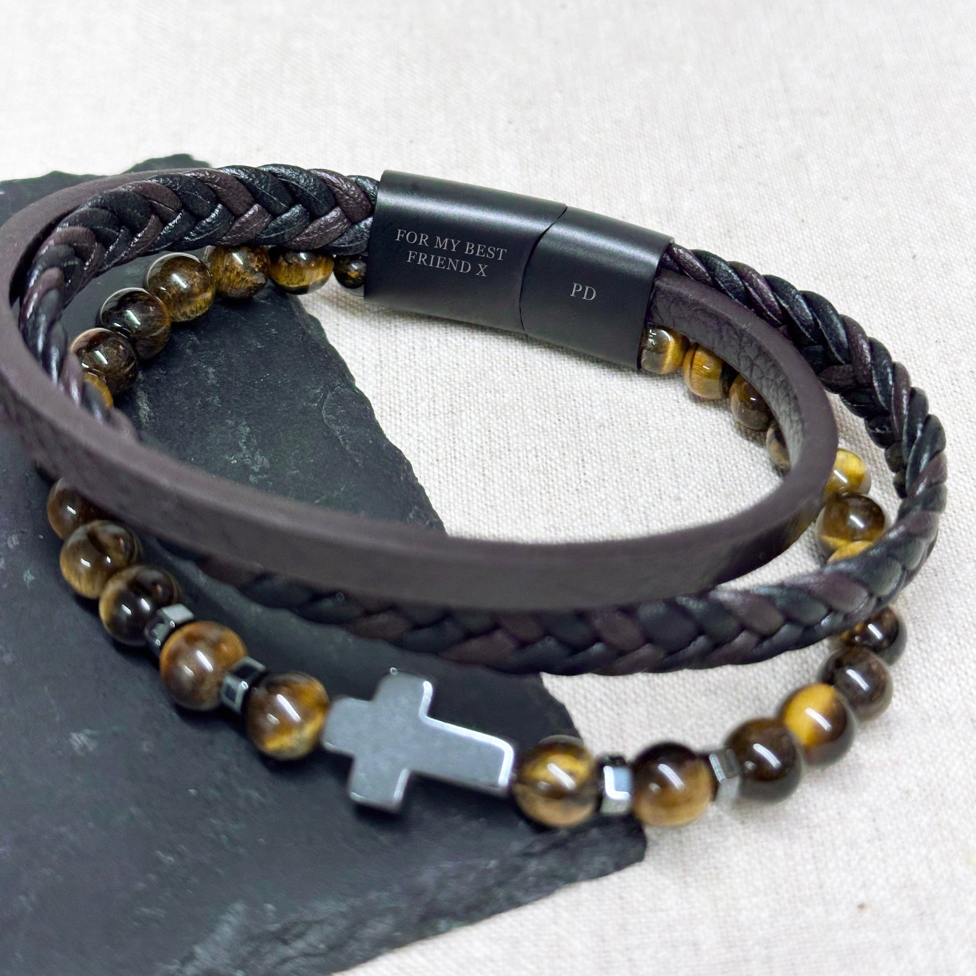Personalised Men's Tiger's Eye and Leather Cross Bracelet