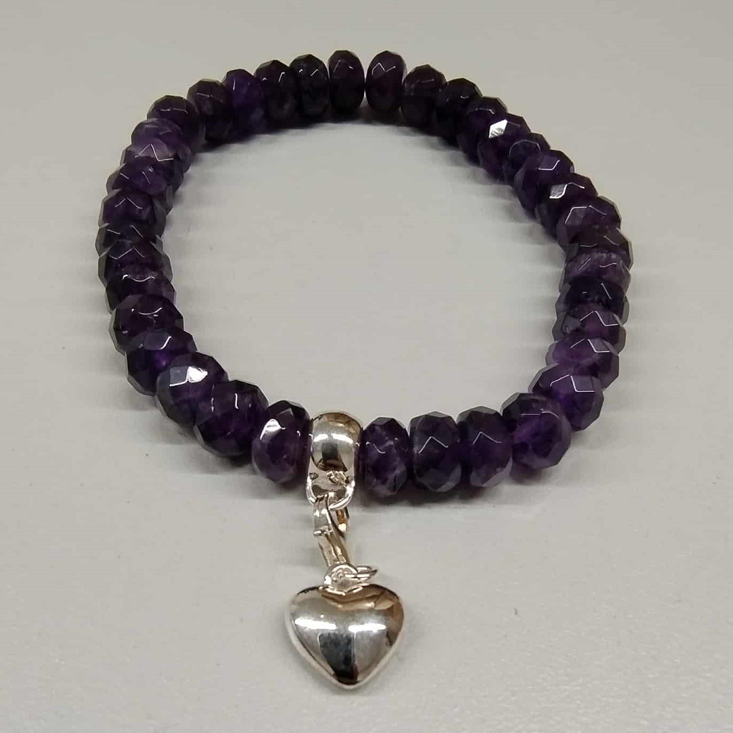 Amethyst Beaded Bracelet with Sterling Silver Heart Charm