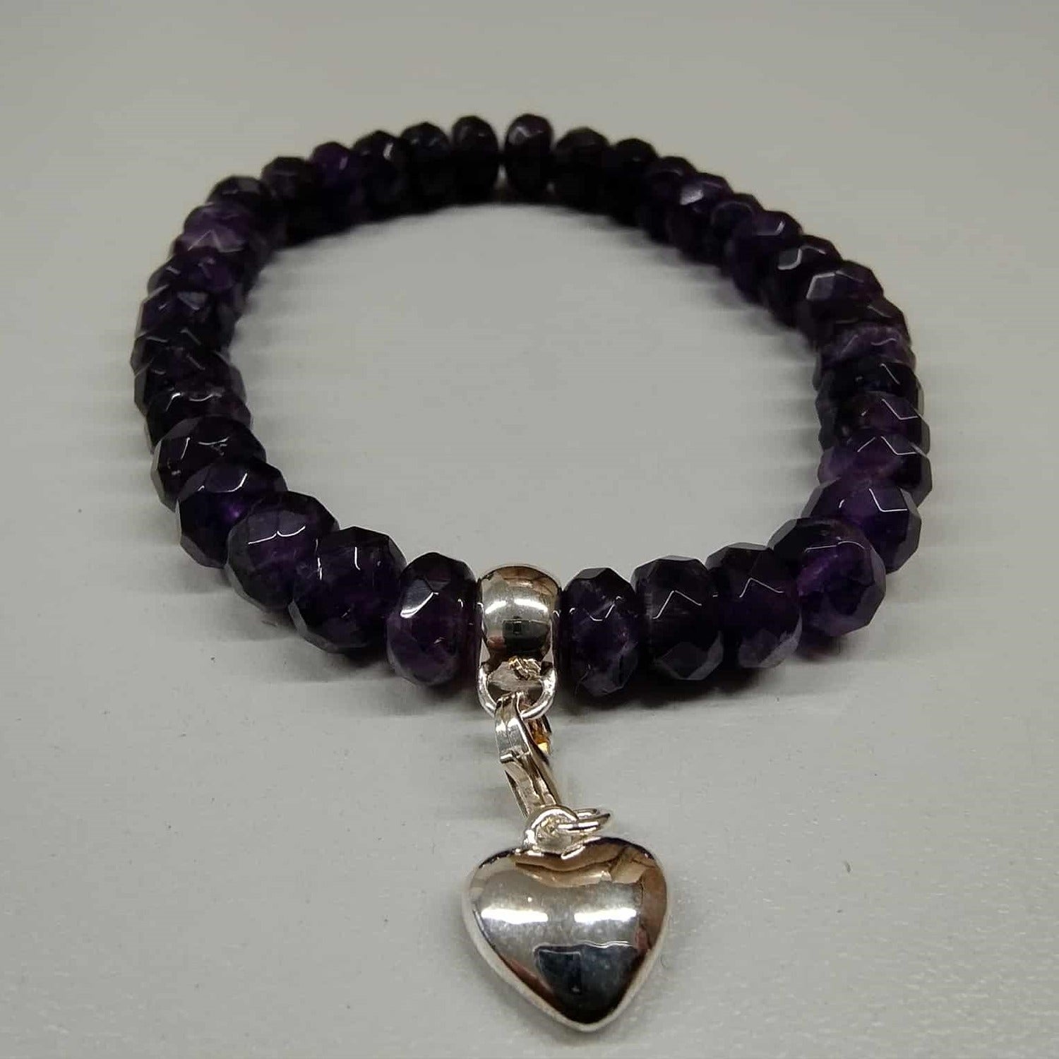 Amethyst Beaded Bracelet with Sterling Silver Heart Charm