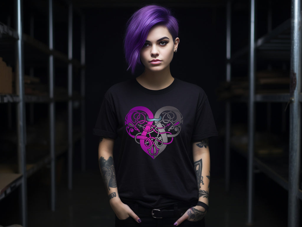 Ladies Black T- shirt - Viking Heart Purple & Grey