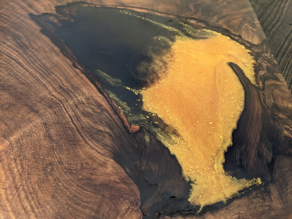Walnut and Gold Black Epoxy Resin Side Table