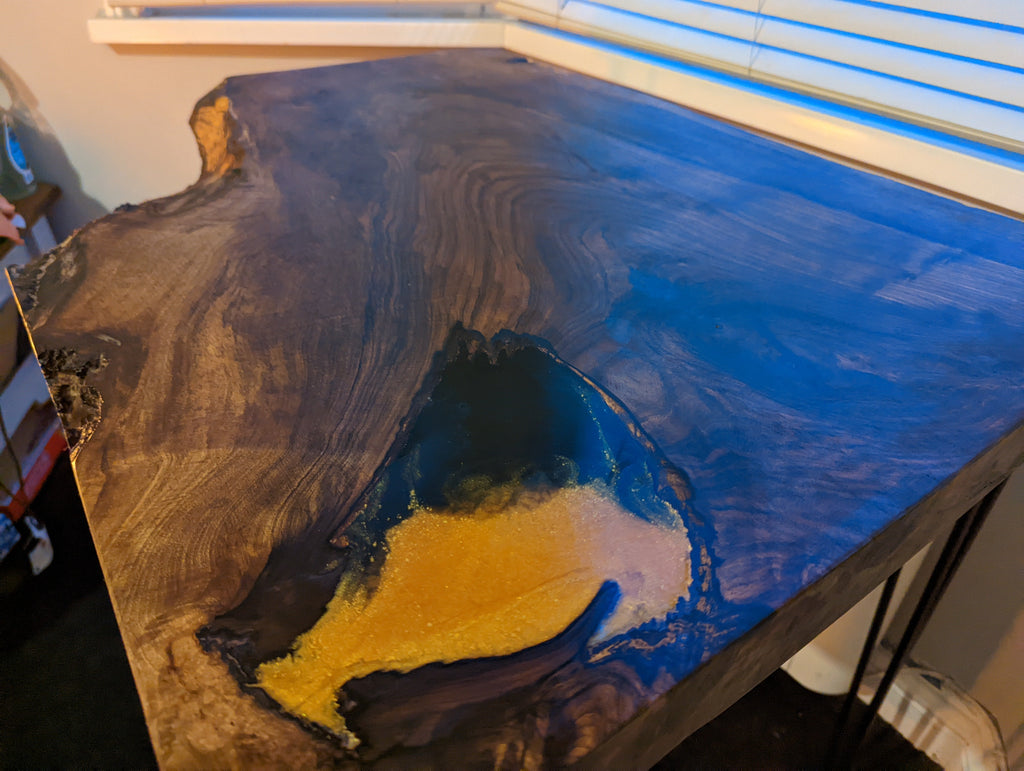 Walnut and Gold Black Epoxy Resin Side Table