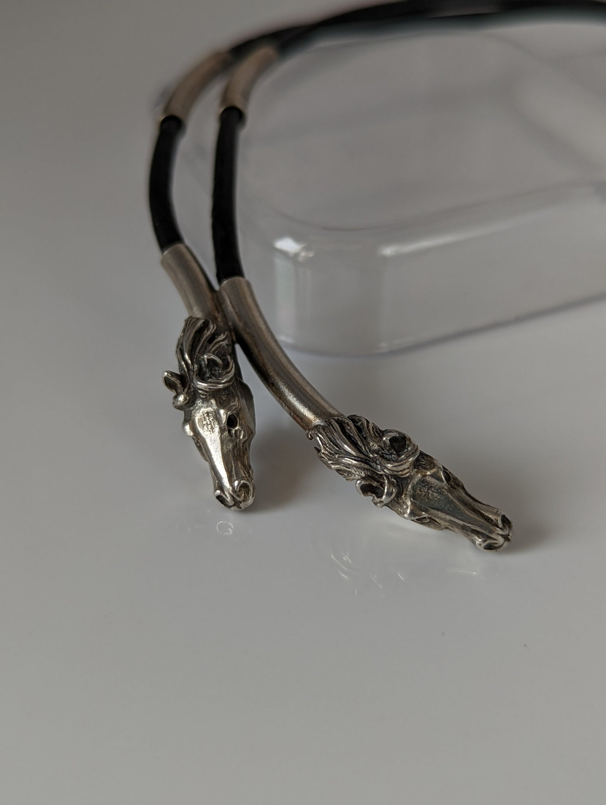 Silver Steed Two Horse Heads with Leather Cord Necklace