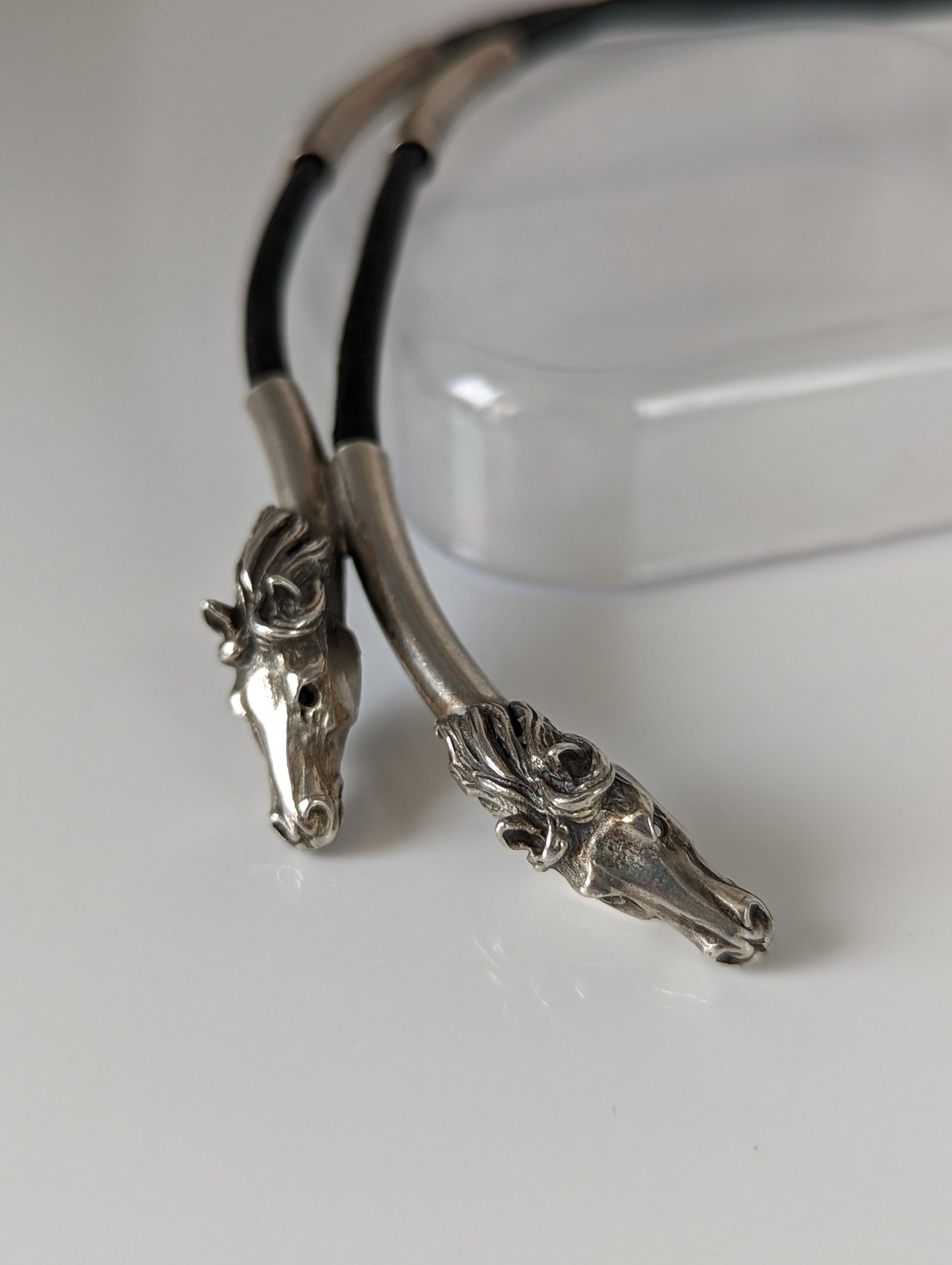 Silver Steed Two Horse Heads with Leather Cord Necklace