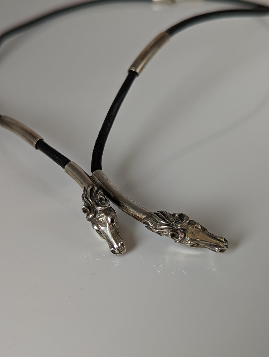 Silver Steed Two Horse Heads with Leather Cord Necklace