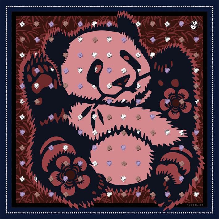 Burgundy Cashmere Modal Scarf with Panda and Emoji Print