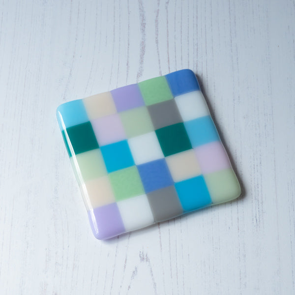 10cm Chequered Pastel Fused Glass Coaster
