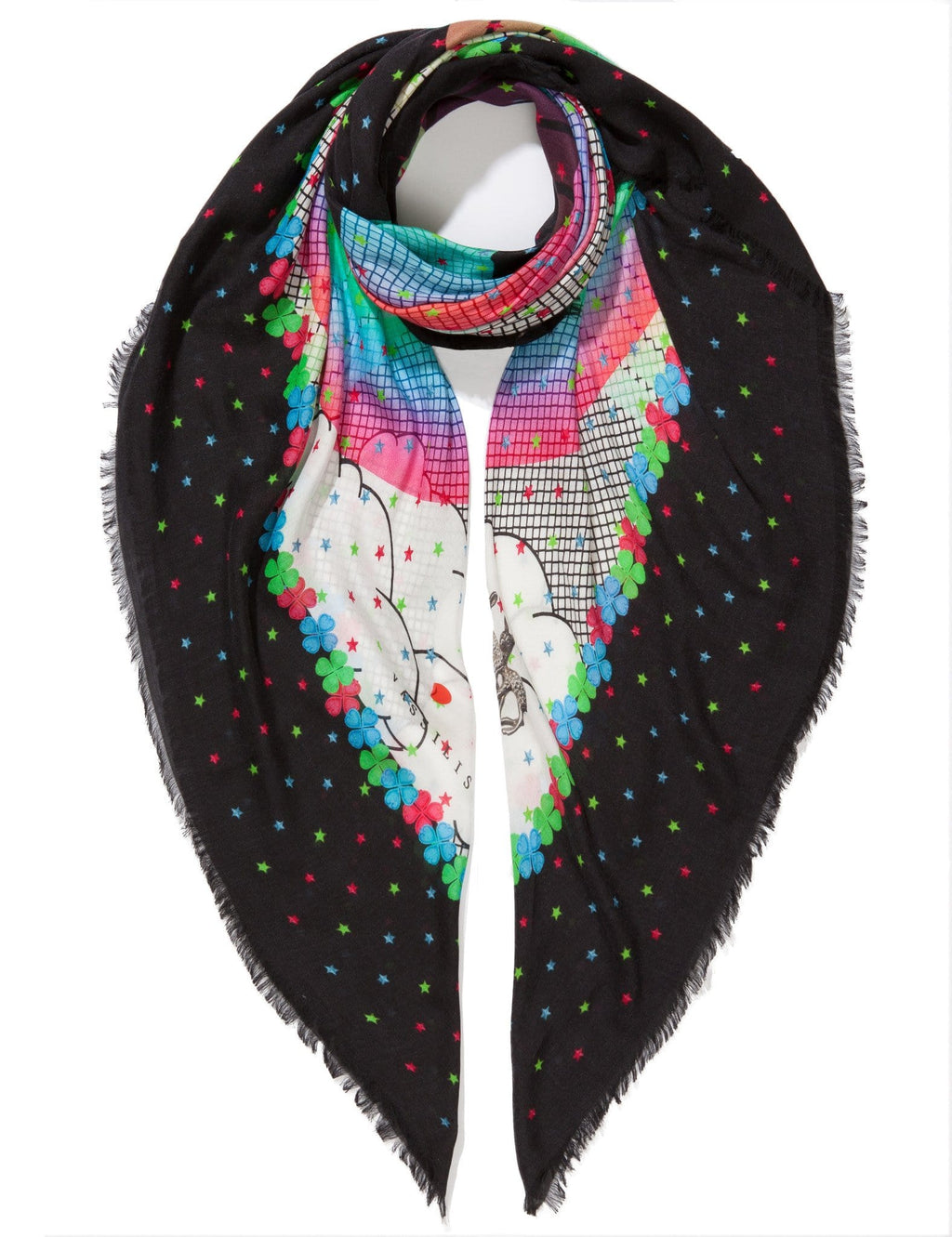 Peace and Rainbow Print Scarf in Black, Pink and Green