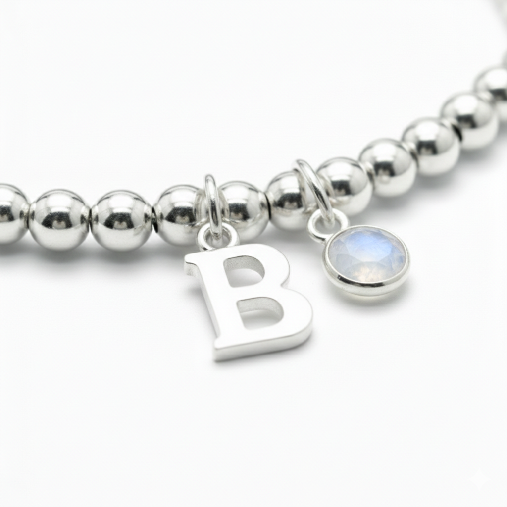 Personalised June Birthstone Initial Letter Moonstone Charm Bracelet