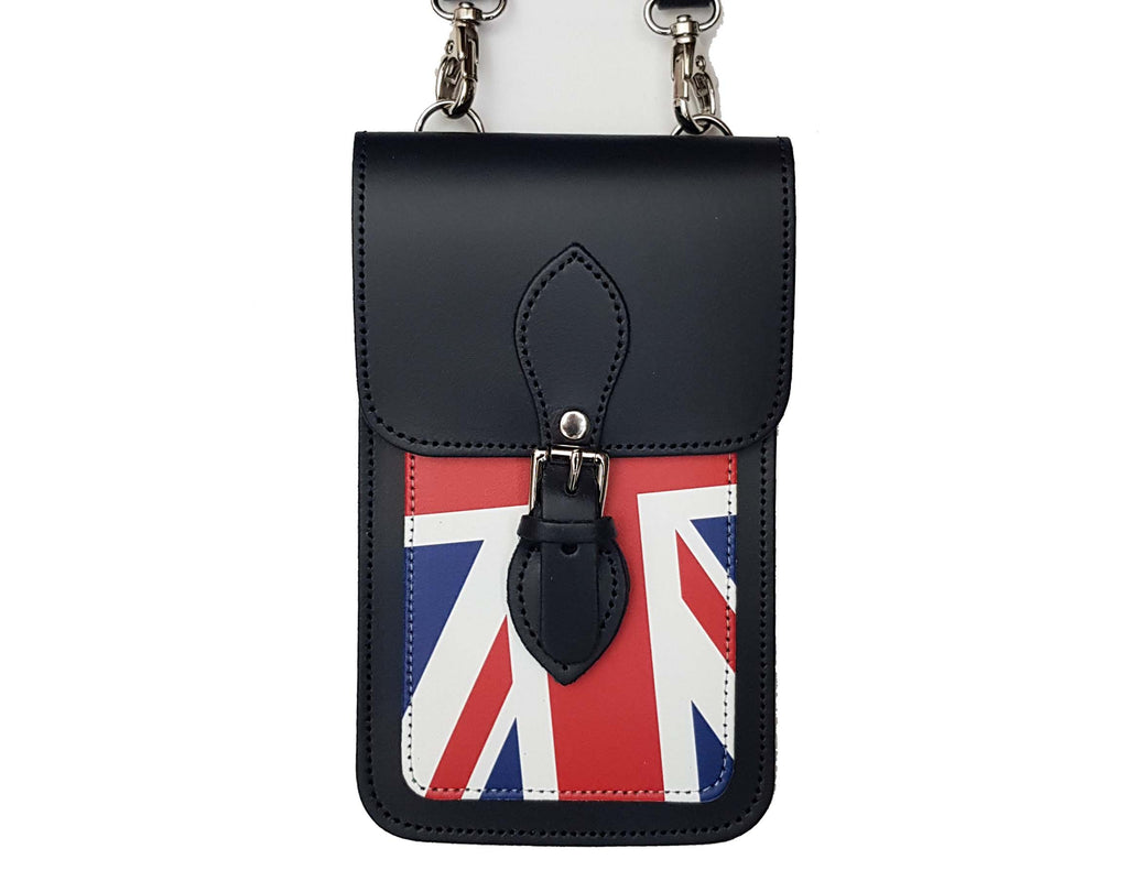 Handmade Leather Mobile Phone Pouch Union Jack Navy Blue