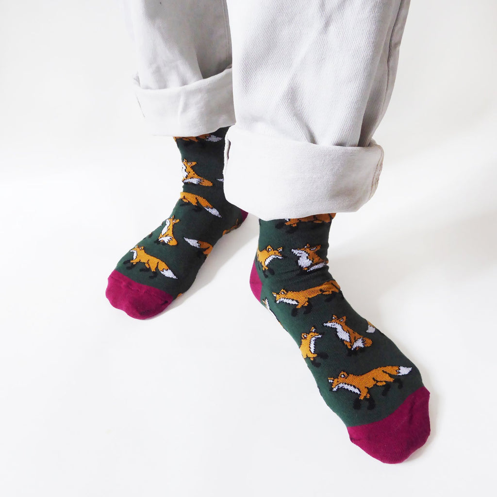 Save the Foxes Bamboo Socks in Forest Green