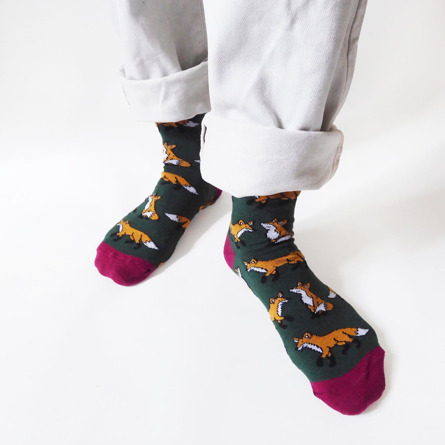 Save the Foxes Bamboo Socks in Forest Green