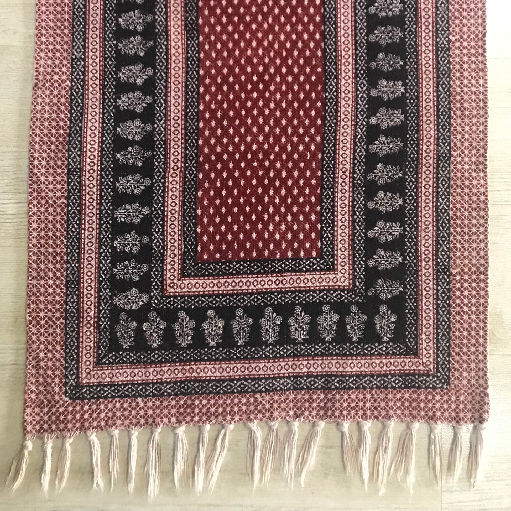 Red and Black Dots and Floral Hand Block Print Rug