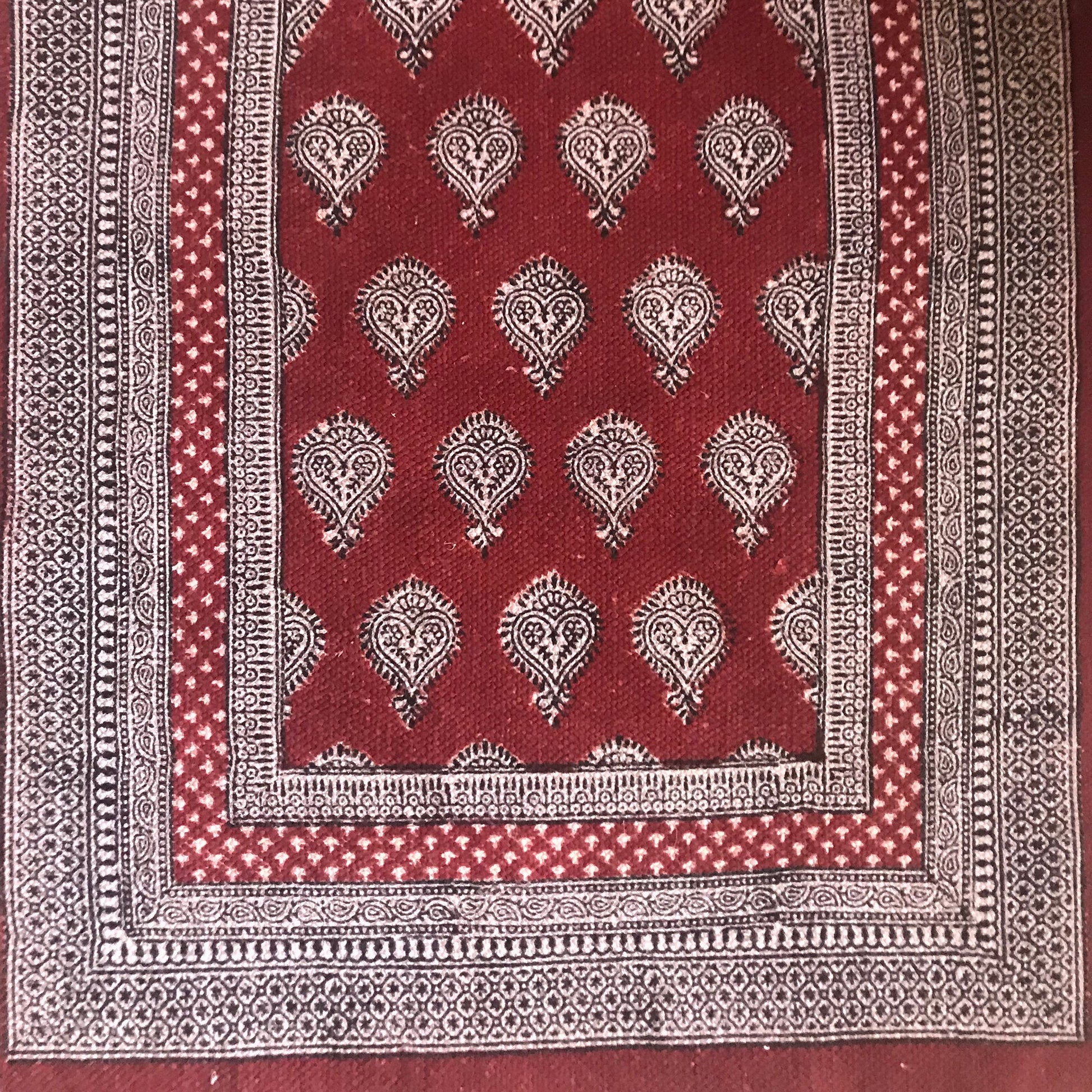 Paisley Jaal Hand Block Print Rug in Red and White