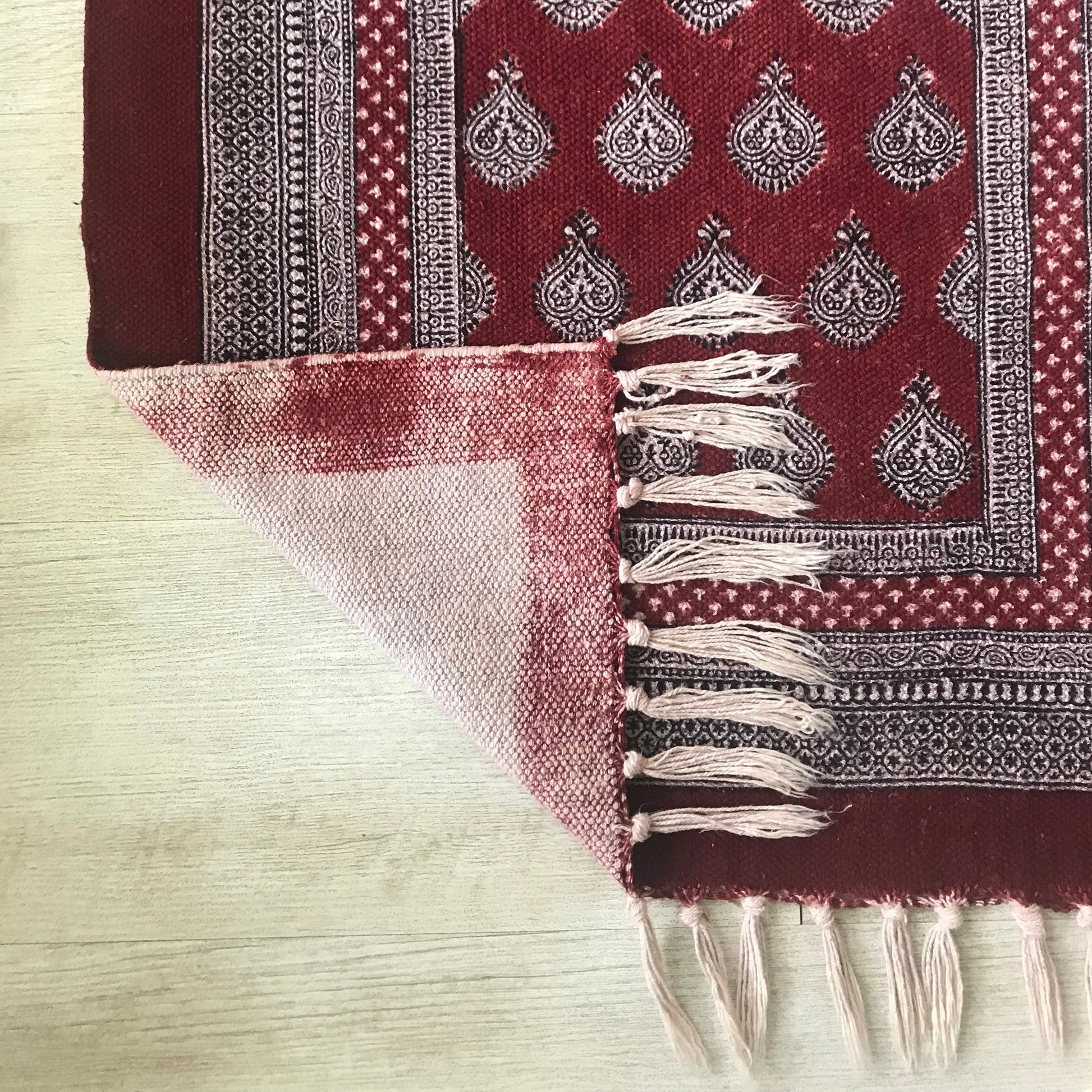 Paisley Jaal Hand Block Print Rug in Red and White