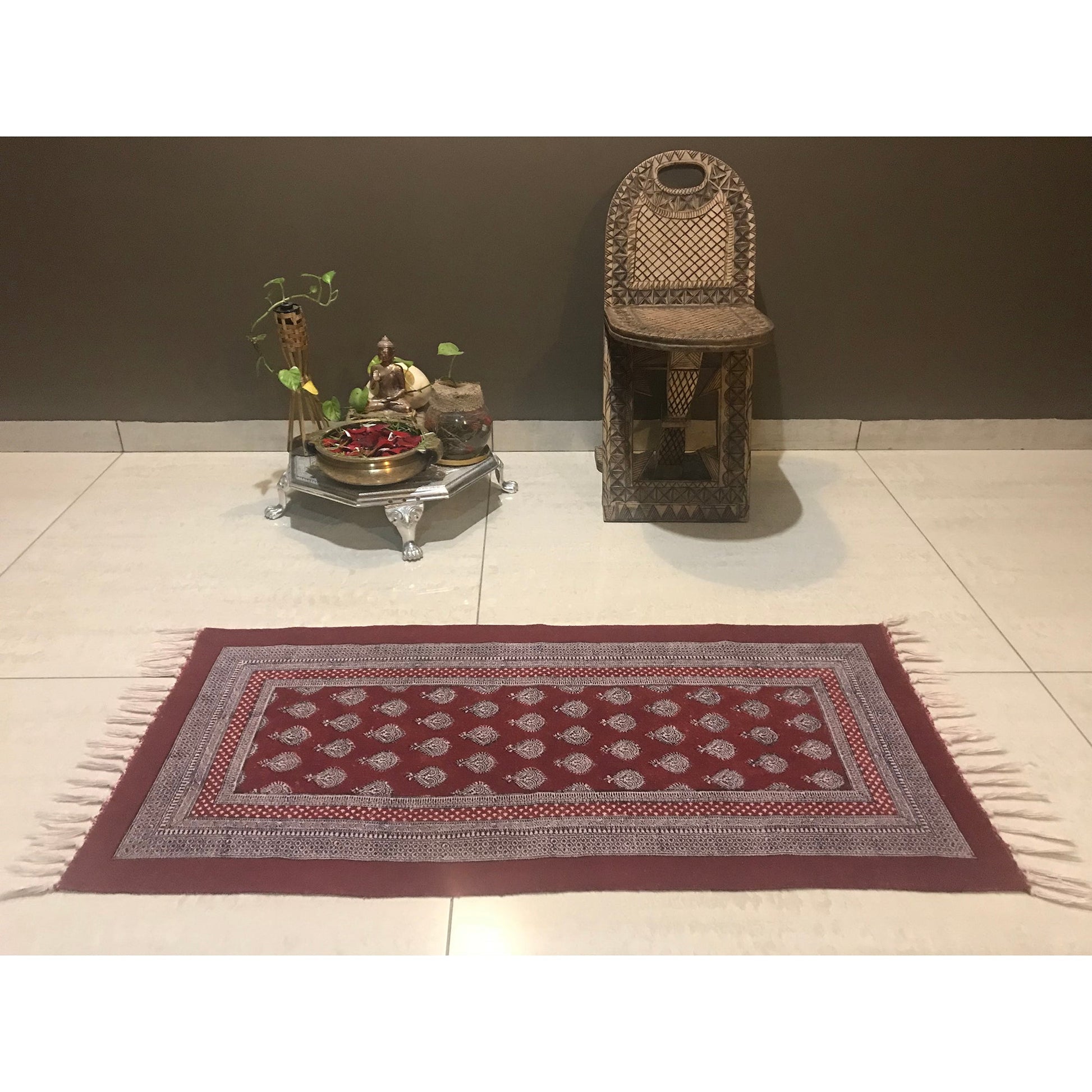 Paisley Jaal Hand Block Print Rug in Red and White