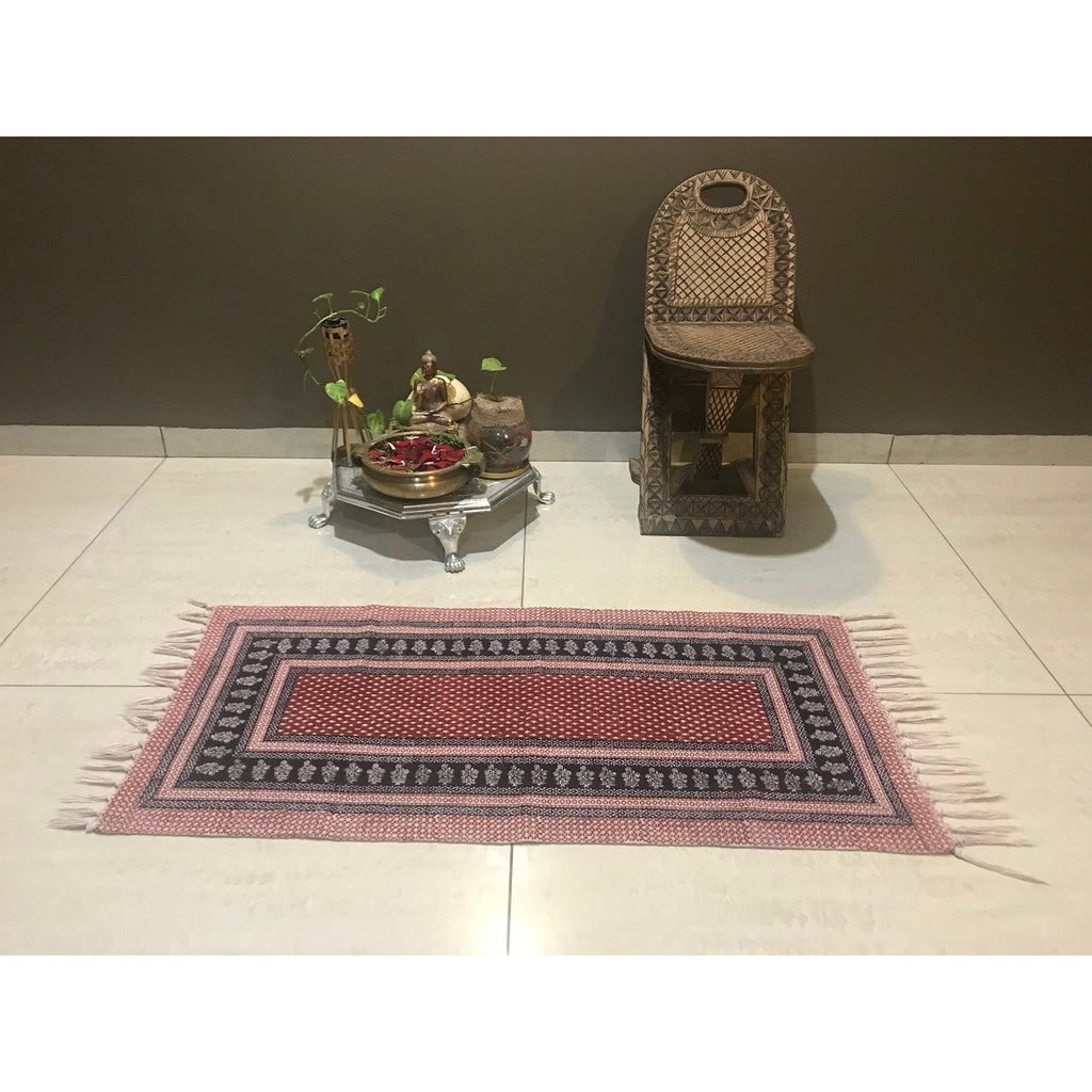 Red and Black Dots and Floral Hand Block Print Rug