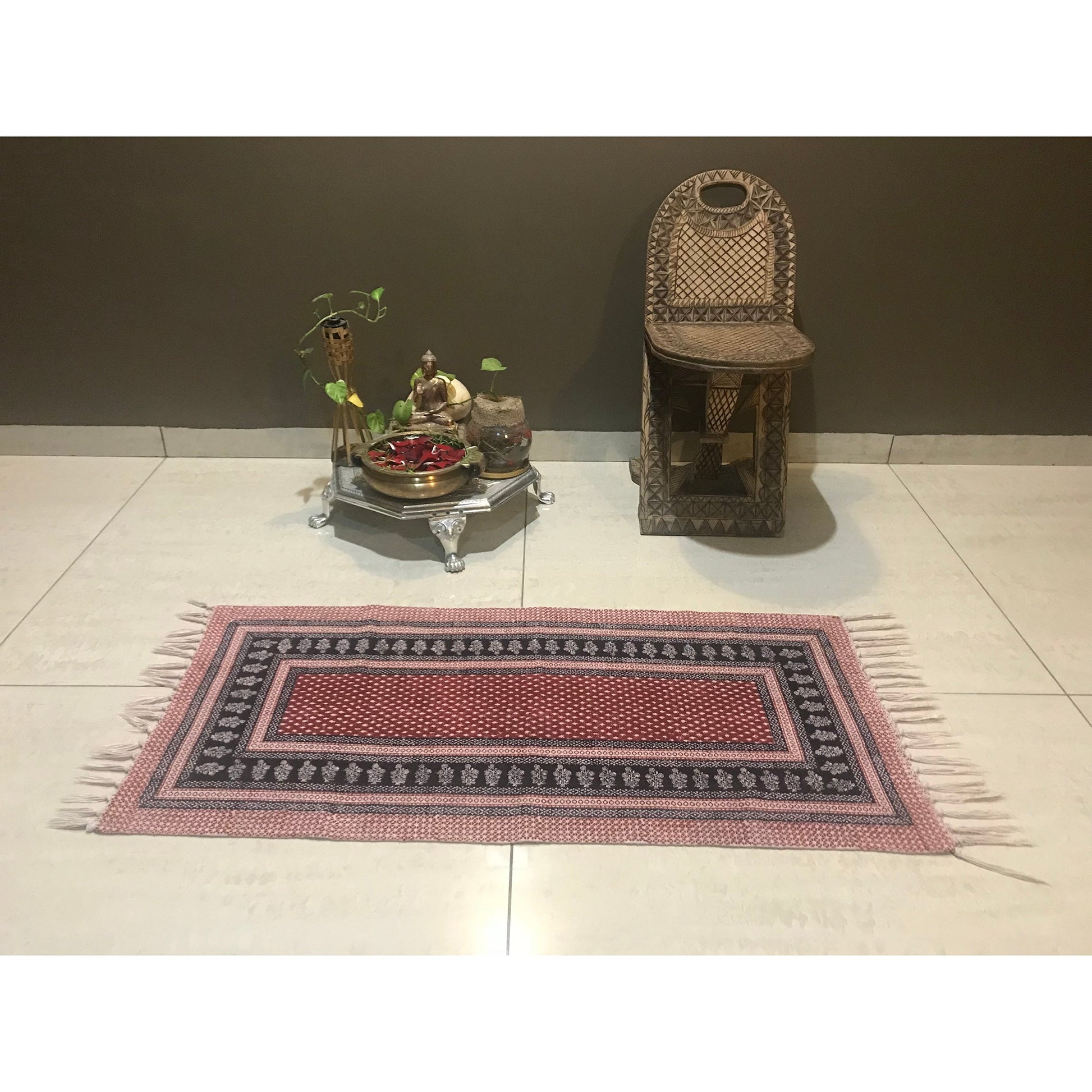 Red and Black Dots and Floral Hand Block Print Rug