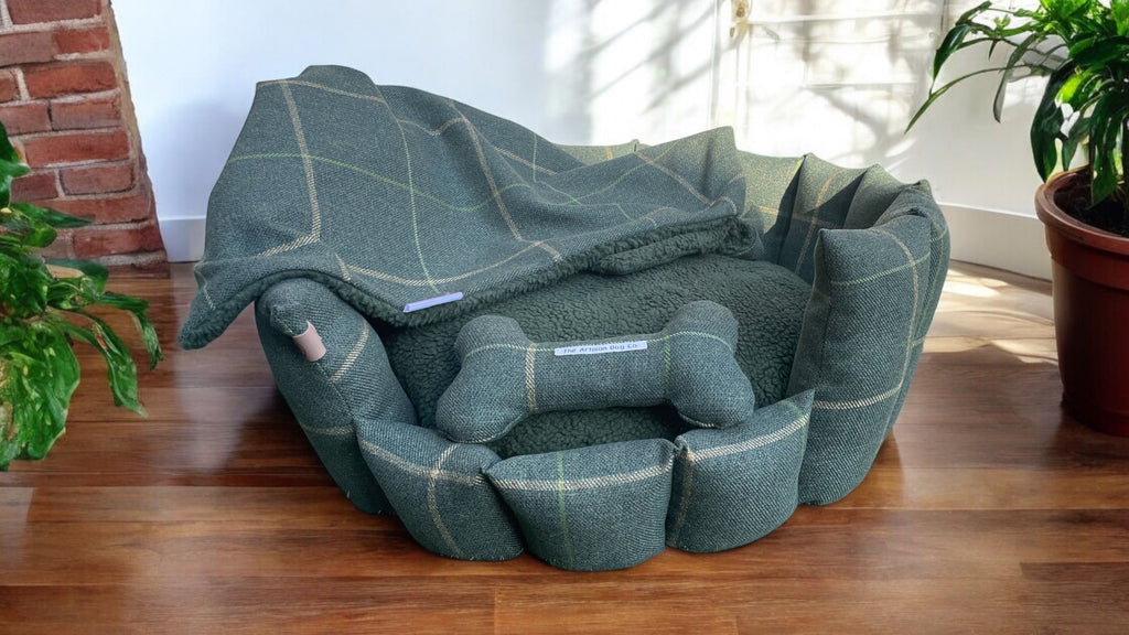 Forest Green Check Dog Blanket with Sherpa Fleece