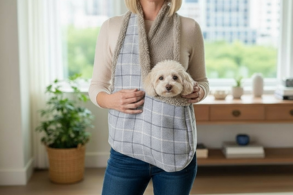 Handcrafted Luxury Puppy and Small Dog Carrier Sling in Harris Grey Check
