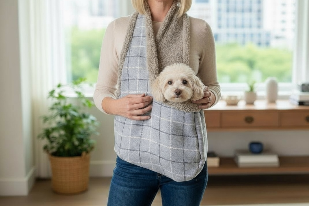 Handcrafted Luxury Puppy and Small Dog Carrier Sling in Harris Grey Check