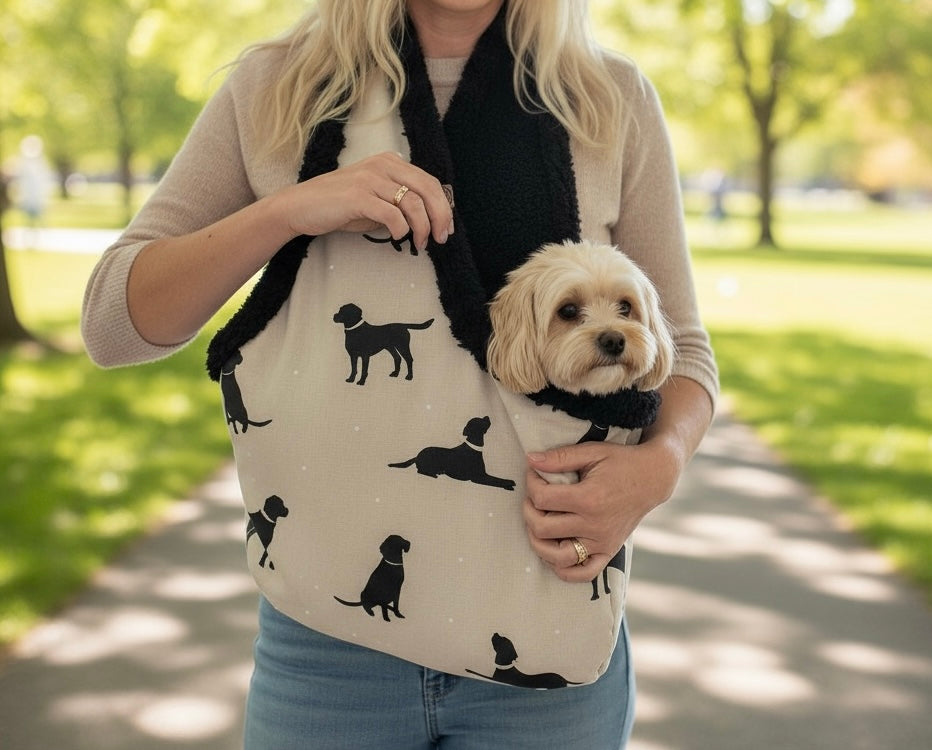 Handcrafted Luxury Small Dog Carrier Sling in Cotton with Dog Print