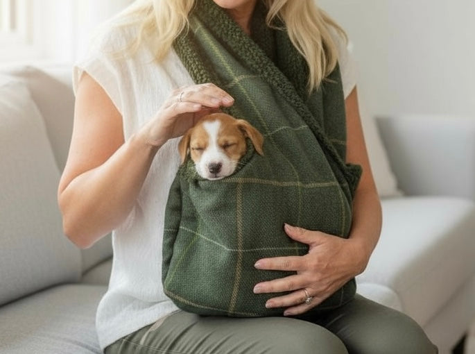 Handcrafted Luxury Forest Green Check Puppy and Small Dog Carrier Sling