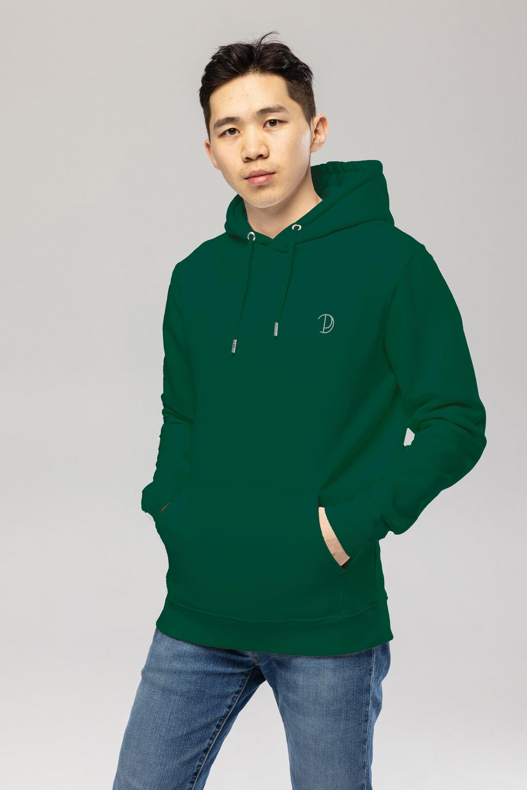 Organic Cotton Embroidered Logo Hoodie in Dark Green
