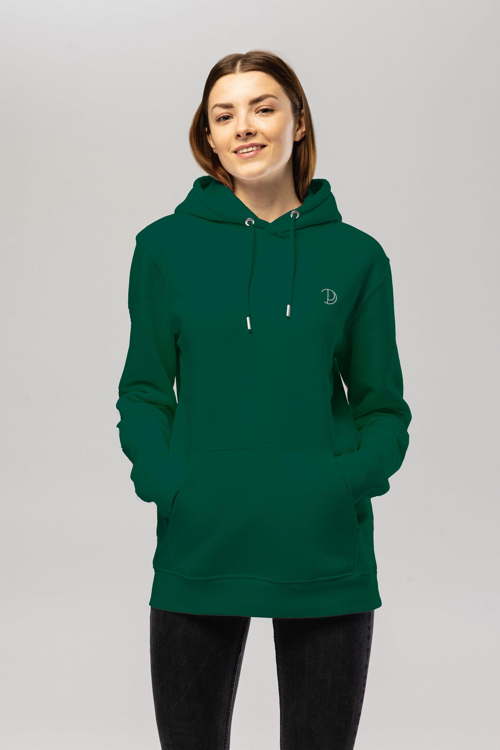 Organic Cotton Embroidered Logo Hoodie in Dark Green