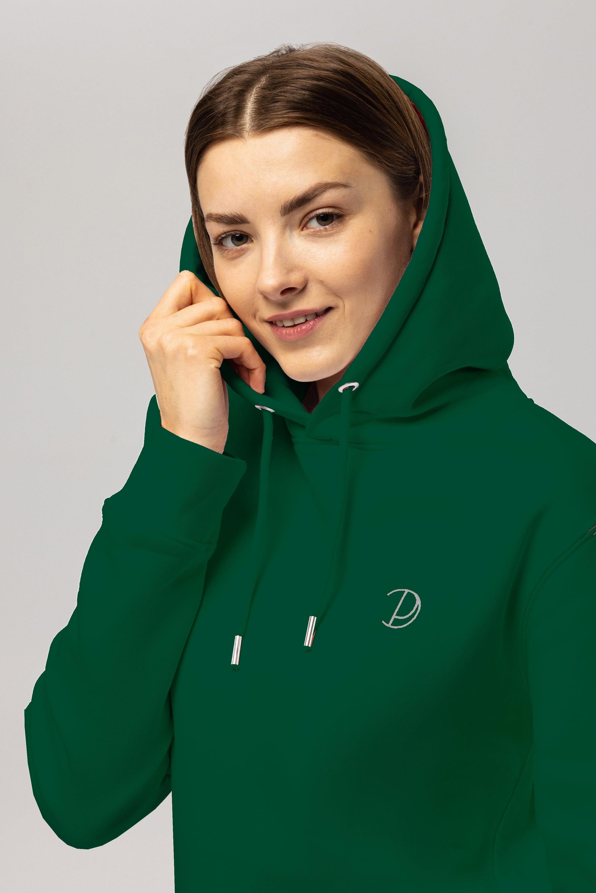 Organic Cotton Embroidered Logo Hoodie in Dark Green