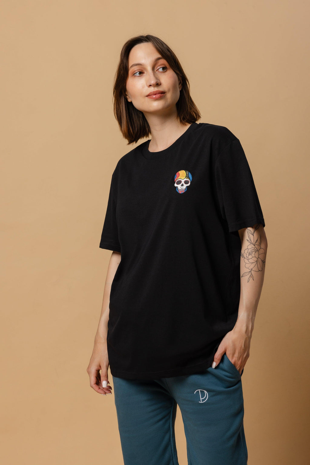 Rainbow Skull Embroidered Organic Cotton T-Shirt