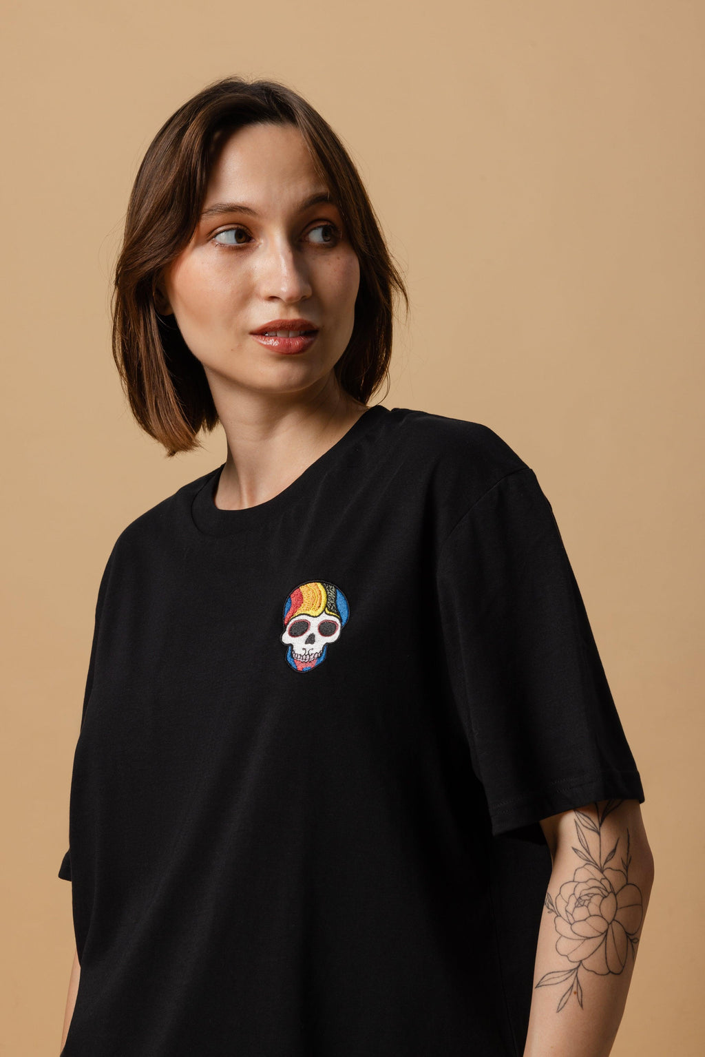Rainbow Skull Embroidered Organic Cotton T-Shirt